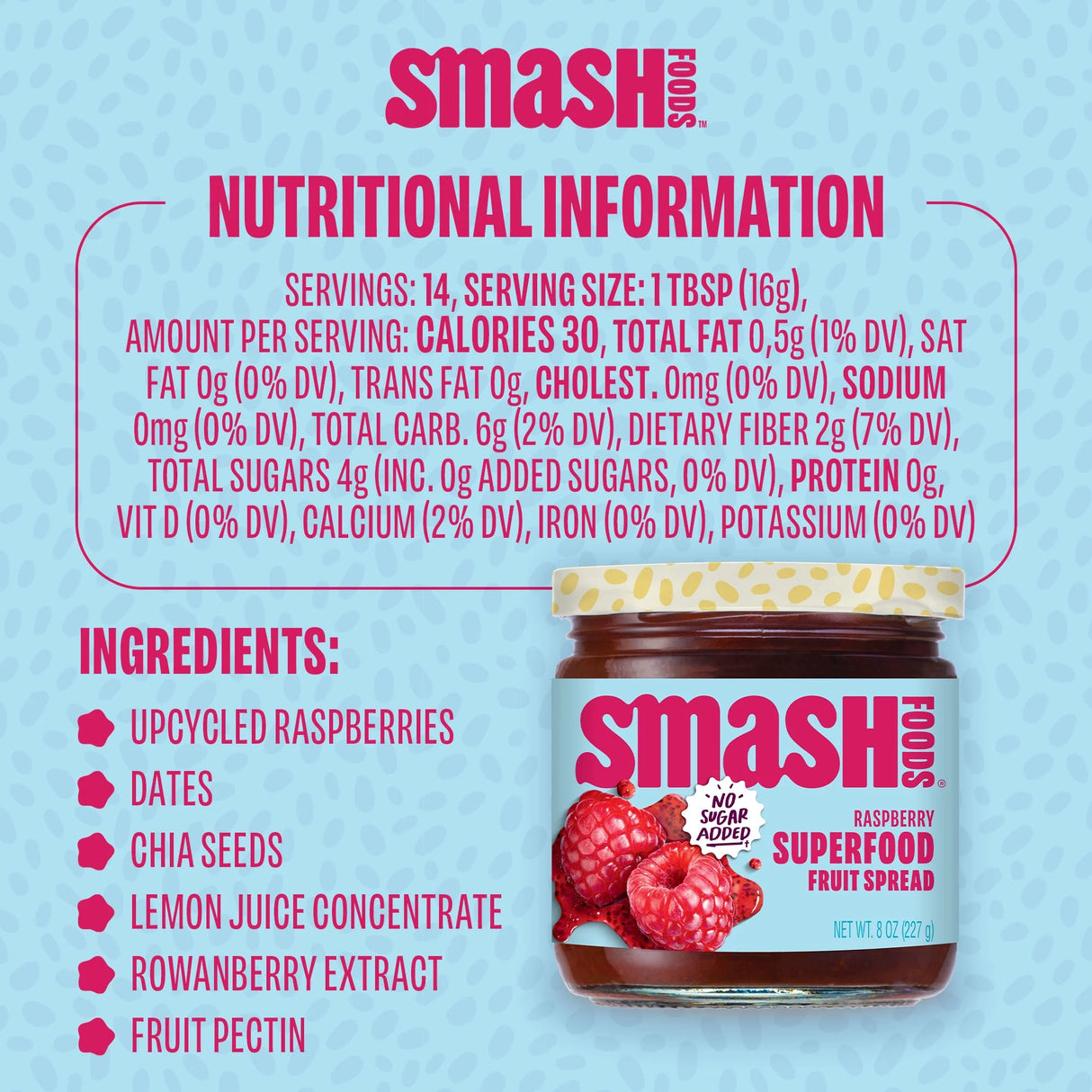 Nutritional information and ingredients list for Smash Foods raspberry superfood fruit spread on a blue background.