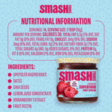 Nutritional information and ingredients list for Smash Foods raspberry superfood fruit spread on a blue background.