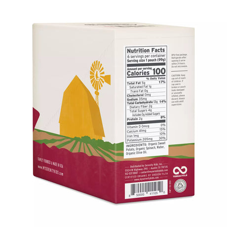 Product packaging with nutrition facts label and farm scene illustration on a white background