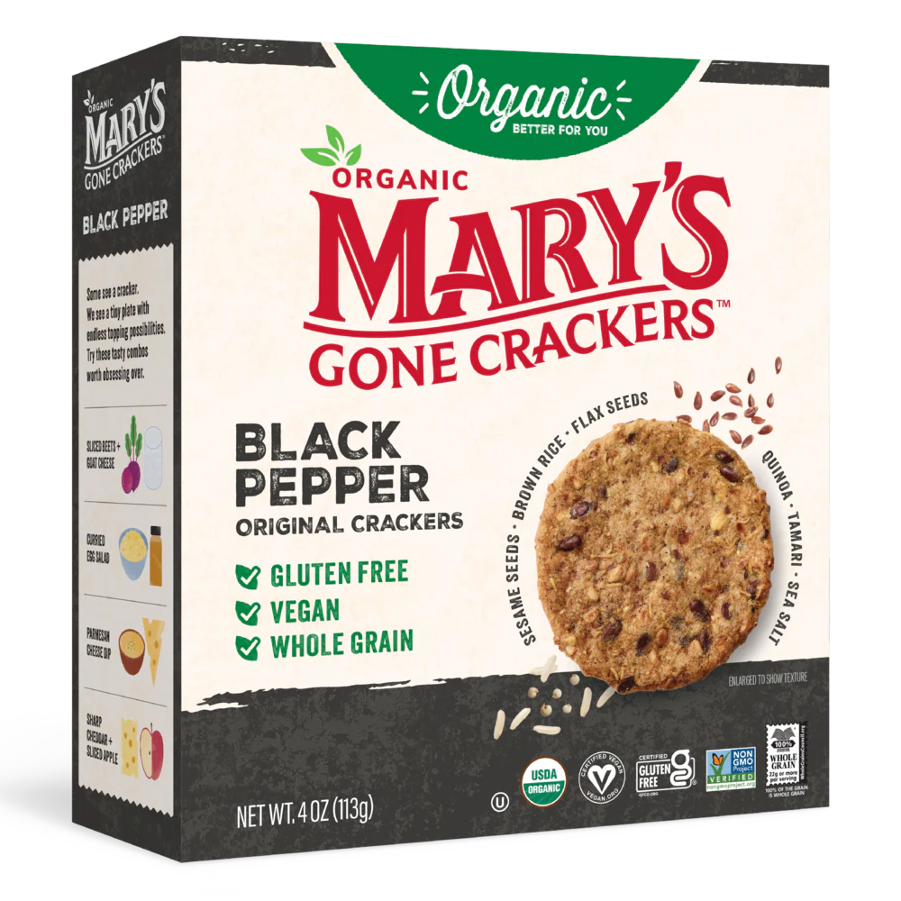 Box of Mary's Gone Crackers Black Pepper crackers with branding and product details.