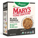 Box of Mary's Gone Crackers Black Pepper crackers with branding and product details.