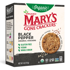 Box of Mary's Gone Crackers Black Pepper crackers with branding and product details.
