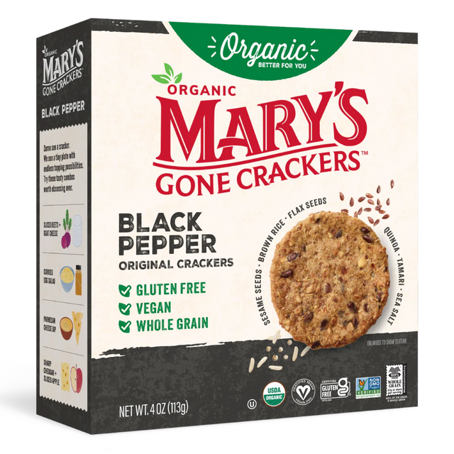 Box of Mary's Gone Crackers Black Pepper crackers with branding and product details.