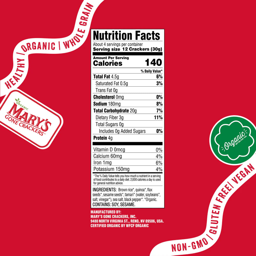 Nutrition facts label for Mary's Gone Crackers on a red background