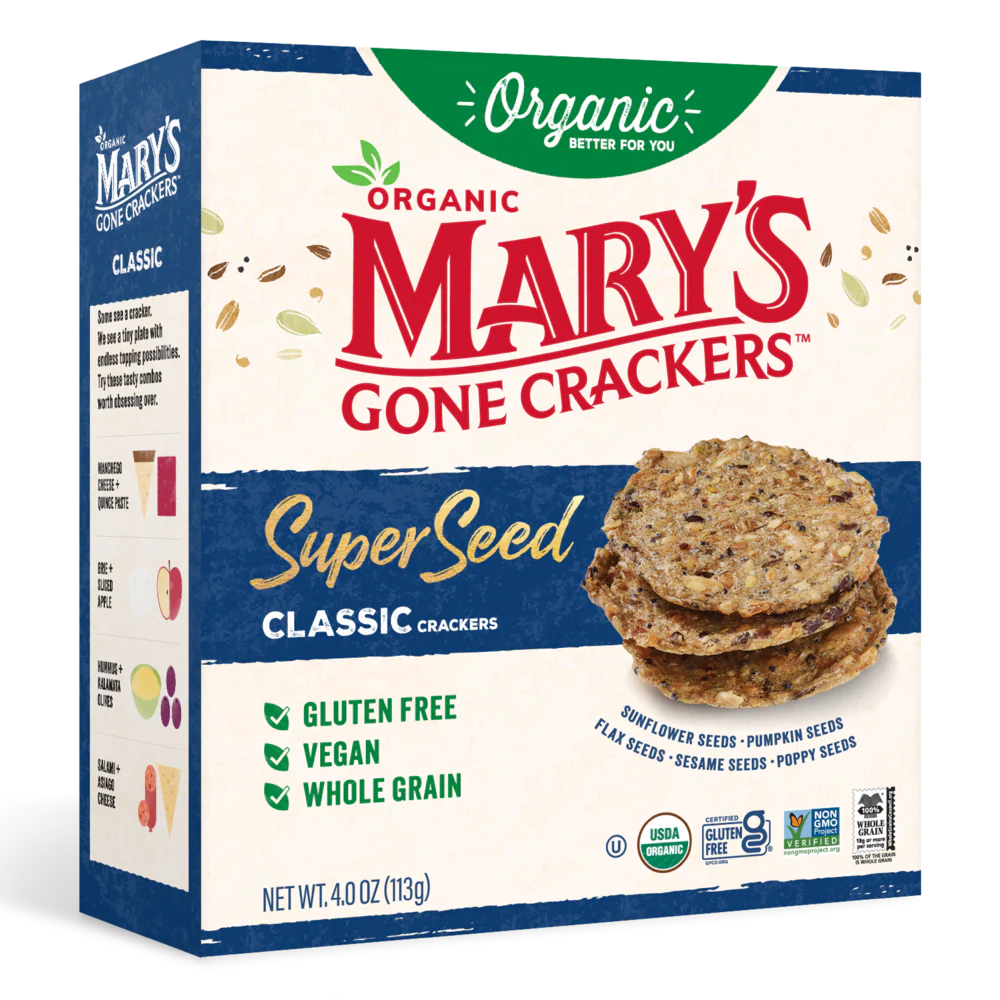 Box of Mary's Gone Crackers SuperSeed Classic Crackers on a white background