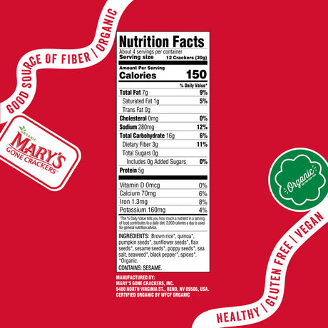 Nutrition facts label for Mary's Gone Crackers on a red background
