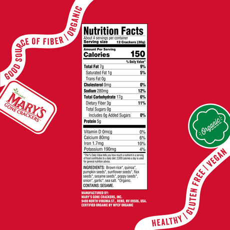 Nutrition facts label for Mary's Gone Crackers on a red background with branding elements.
