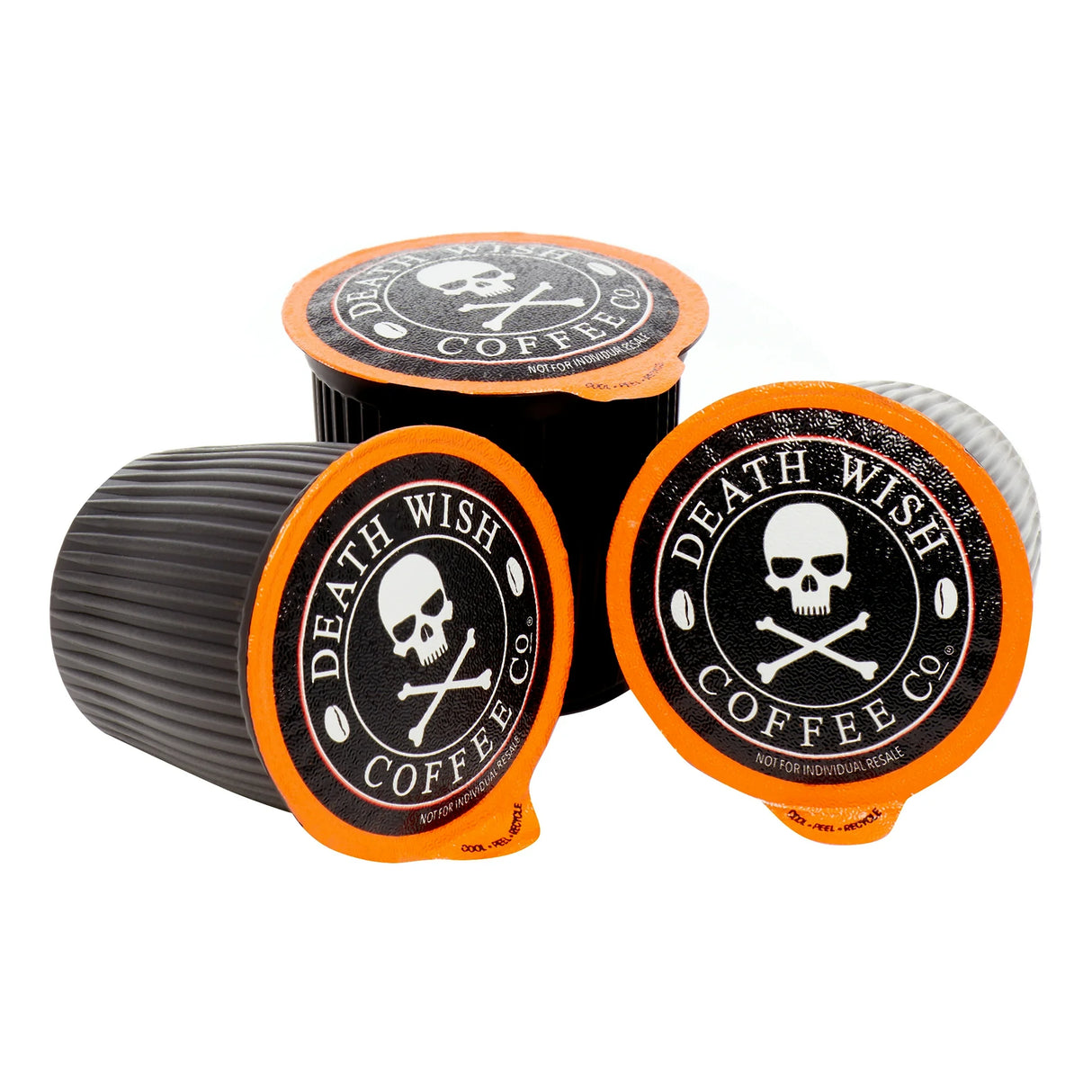 Three coffee pods from Death Wish Coffee Co. on a white background