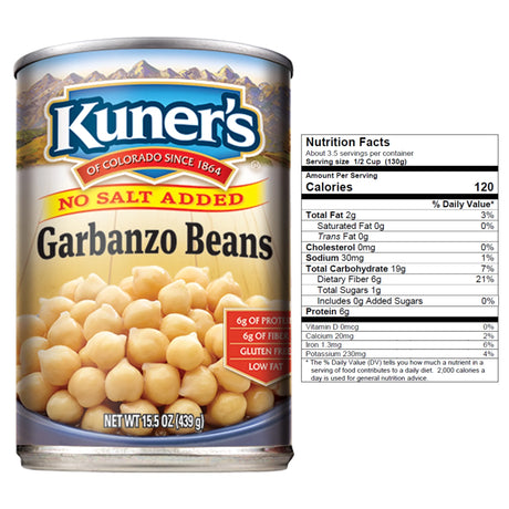 Kuner No Salt Added Garbanzo Beans, 15 Oz., Case of 12