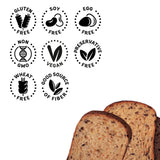 Loaf of bread with nutritional information icons on a white background