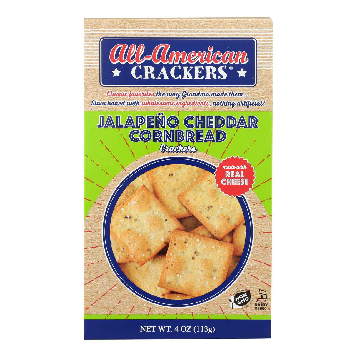 All American Crackers: Cornbread Jalapeno Cheddar Crackers (6 x 4 Oz) - Cozy Farm 