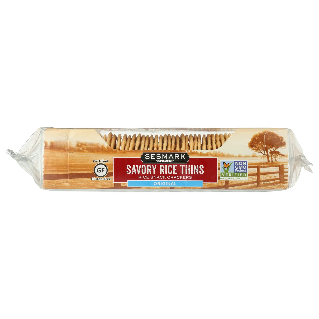 Packaged savory rice thin crackers with Sesmark branding on a white background