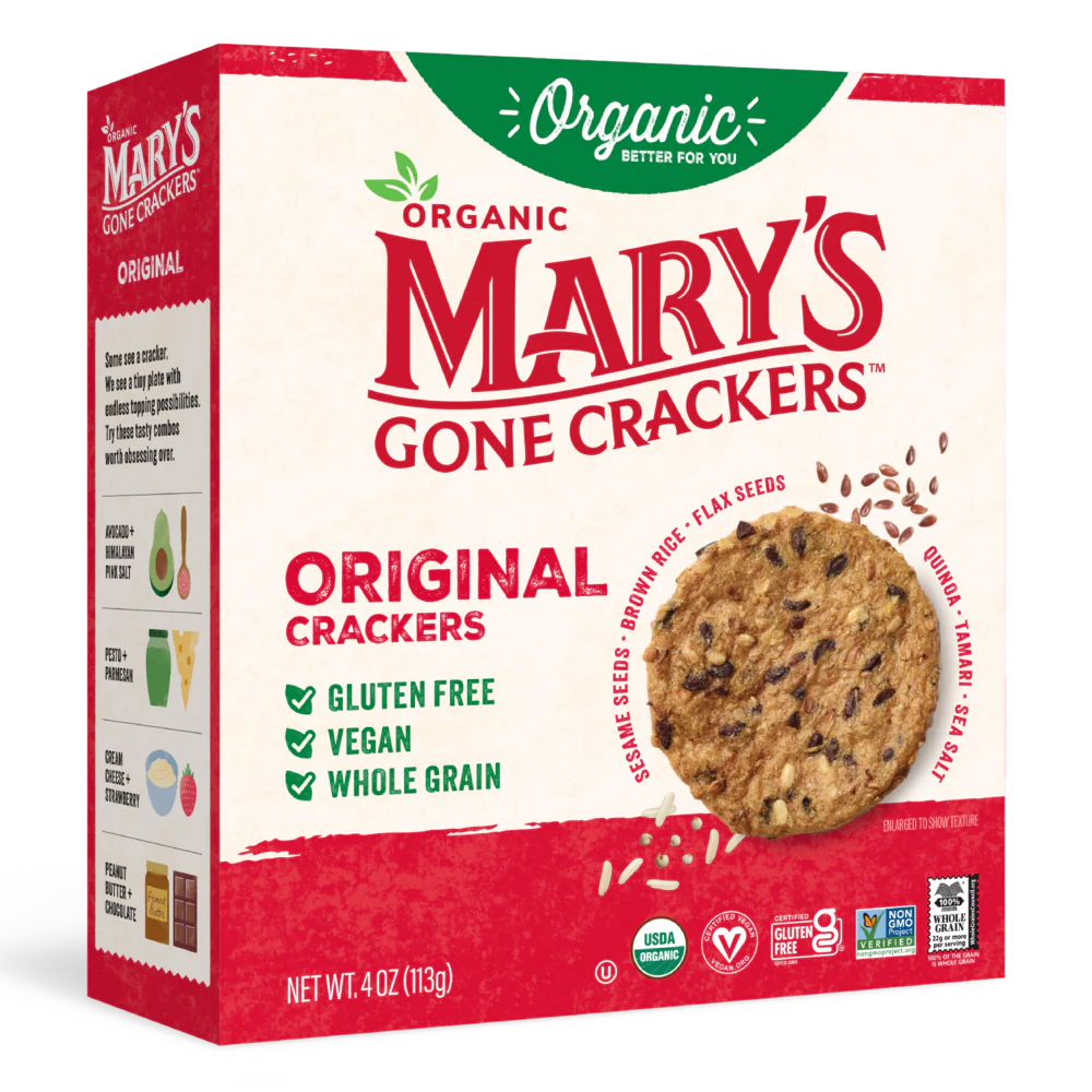 Box of Mary's Gone Crackers Original Crackers with a cookie on the label.