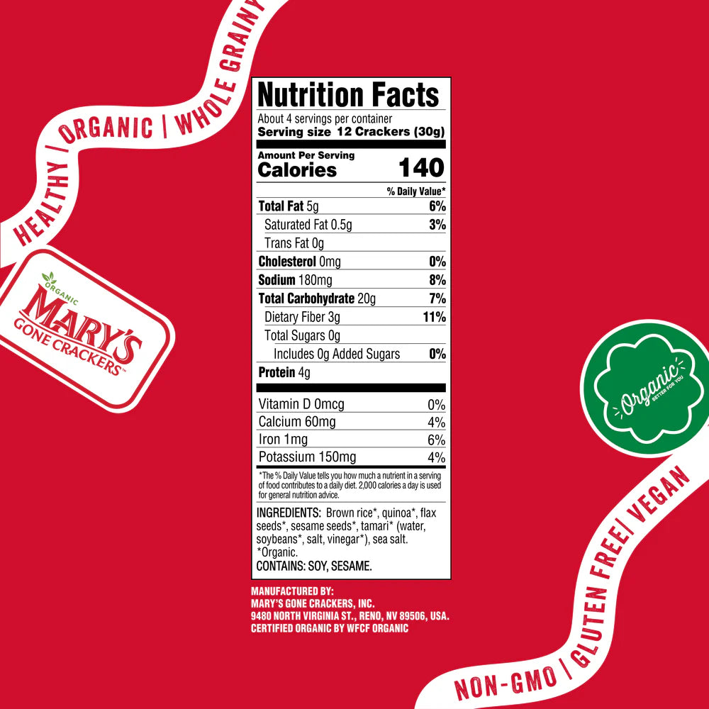 Nutrition facts label for Mary's Gone Crackers on a red background