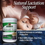 Nature's Answer Brewer's Yeast supplement with a baby and mother in the background, emphasizing natural lactation support.