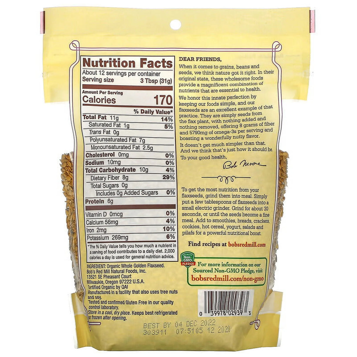 Back of a food package with nutrition facts and text
