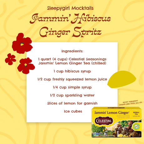 Recipe card for 'Jammin' Hibiscus Ginger Spritz' mocktail with Celestial Seasonings tea box on a yellow background.
