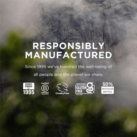 Product packaging with 'Responsibly Manufactured' text and certification logos on a blurred natural background.