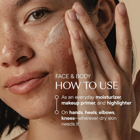 Woman applying cream to her face with text on how to use it
