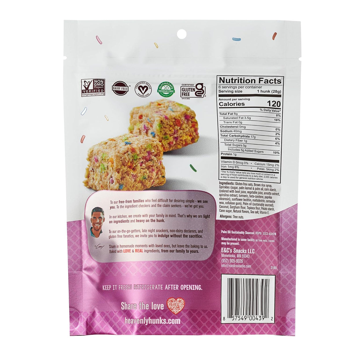 Back of a cereal bar package with nutritional information and branding details.