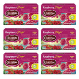 Six boxes of Celestial Seasonings Raspberry Zinger Herbal Tea on a white background