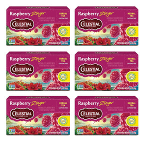 Six boxes of Celestial Seasonings Raspberry Zinger Herbal Tea on a white background