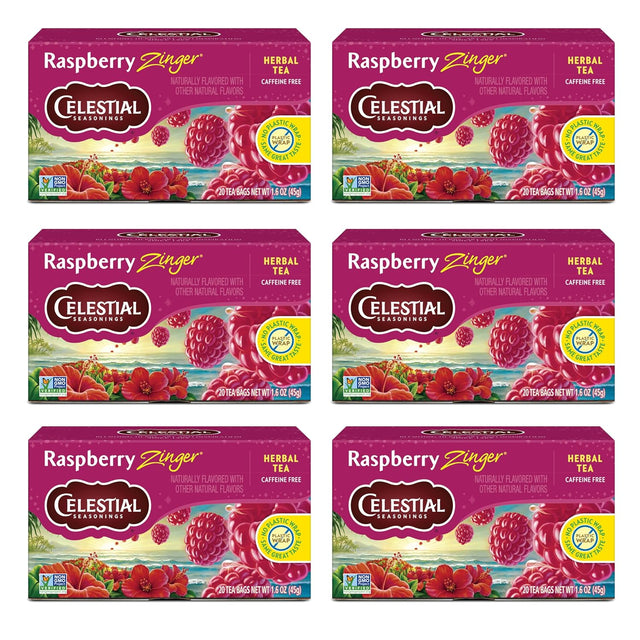 Six boxes of Celestial Seasonings Raspberry Zinger Herbal Tea on a white background