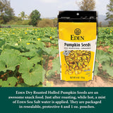Eden Pumpkin Seeds packaging with pumpkin field in the background