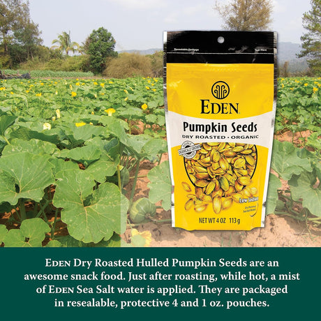 Eden Pumpkin Seeds packaging with pumpkin field in the background