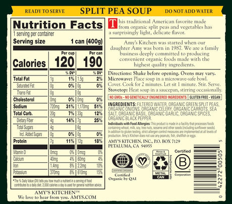 Amy's Organic Low Sodium Split Pea Soup, 14.1 oz, Pack of 12