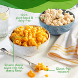 Two bowls of macaroni and cheese with text highlighting plant-based, dairy-free, gluten-free, and rich cheesy flavor.