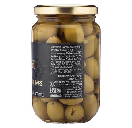 Jar of green olives with a gold lid on a white background