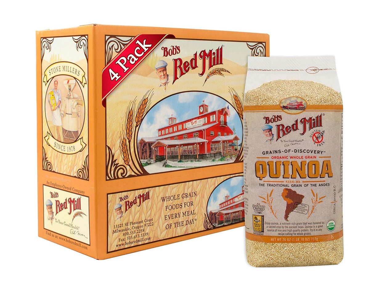 Bob's Red Mill packaging with a 4-pack box and a bag of quinoa on a white background
