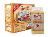 Bob's Red Mill packaging with a 4-pack box and a bag of quinoa on a white background