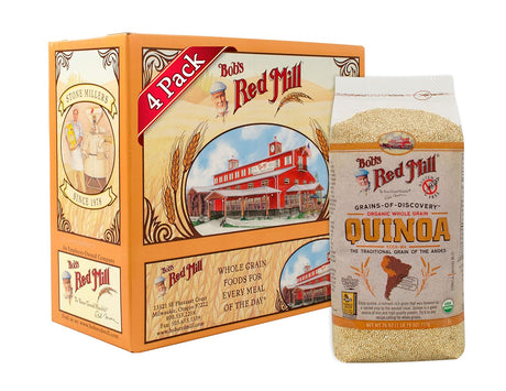 Bob's Red Mill packaging with a 4-pack box and a bag of quinoa on a white background