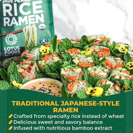 Rice ramen dish with greenery and Lotus Foods packaging in the background