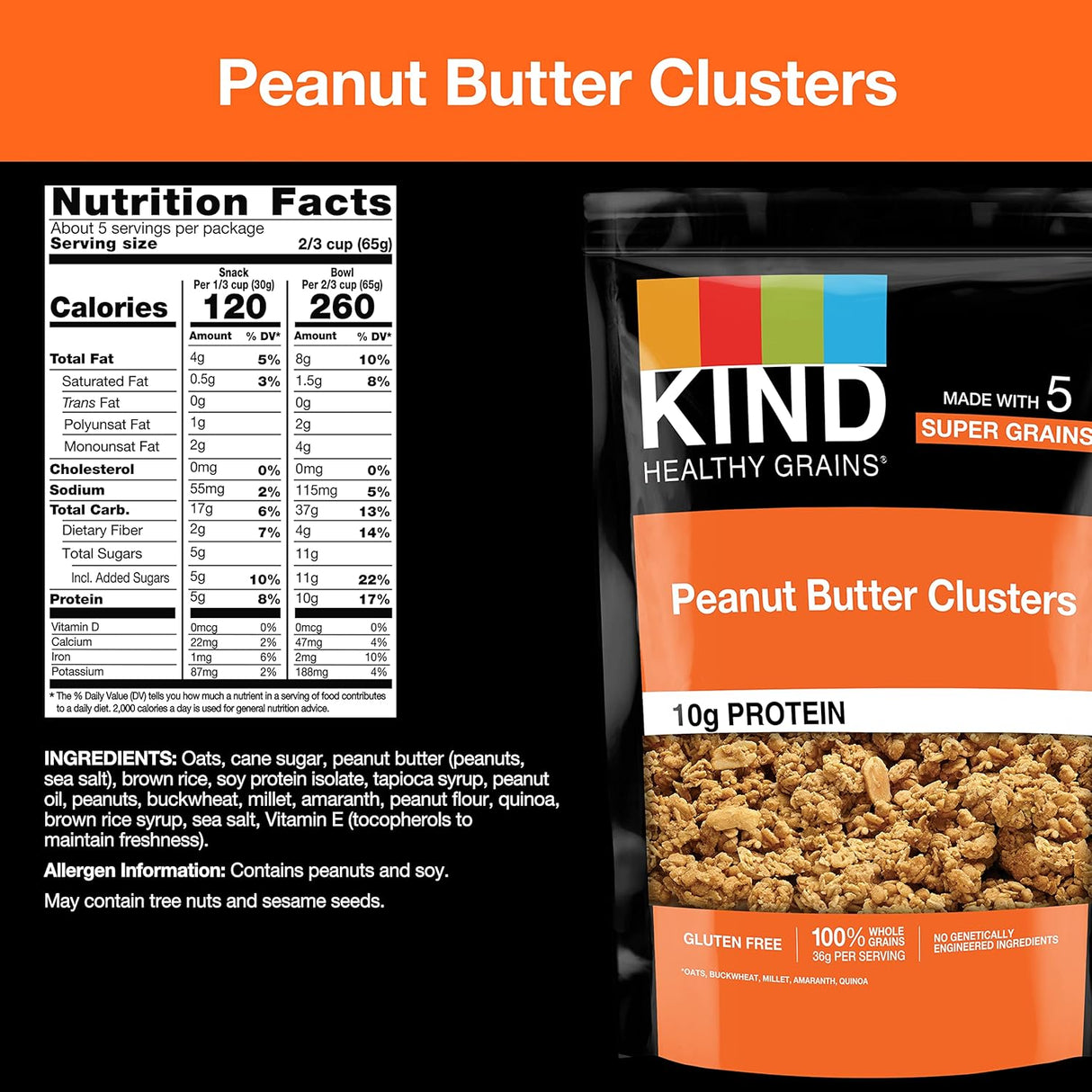 Kind Peanut Butter Clusters packaging with nutrition facts label on an orange background