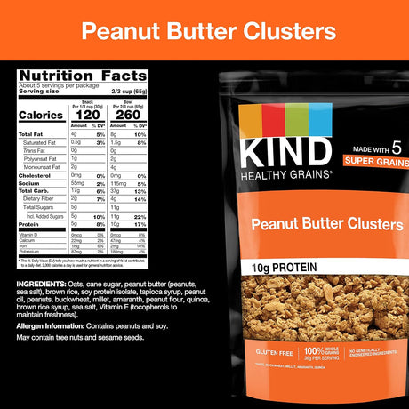 Kind Peanut Butter Clusters packaging with nutrition facts label on an orange background