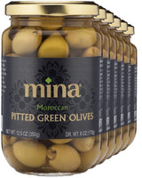 Jars of Mina Moroccan Pitted Green Olives on a white background