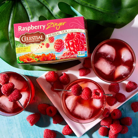 Celestial Seasonings Raspberry Zinger tea box with iced tea and raspberries on a colorful background