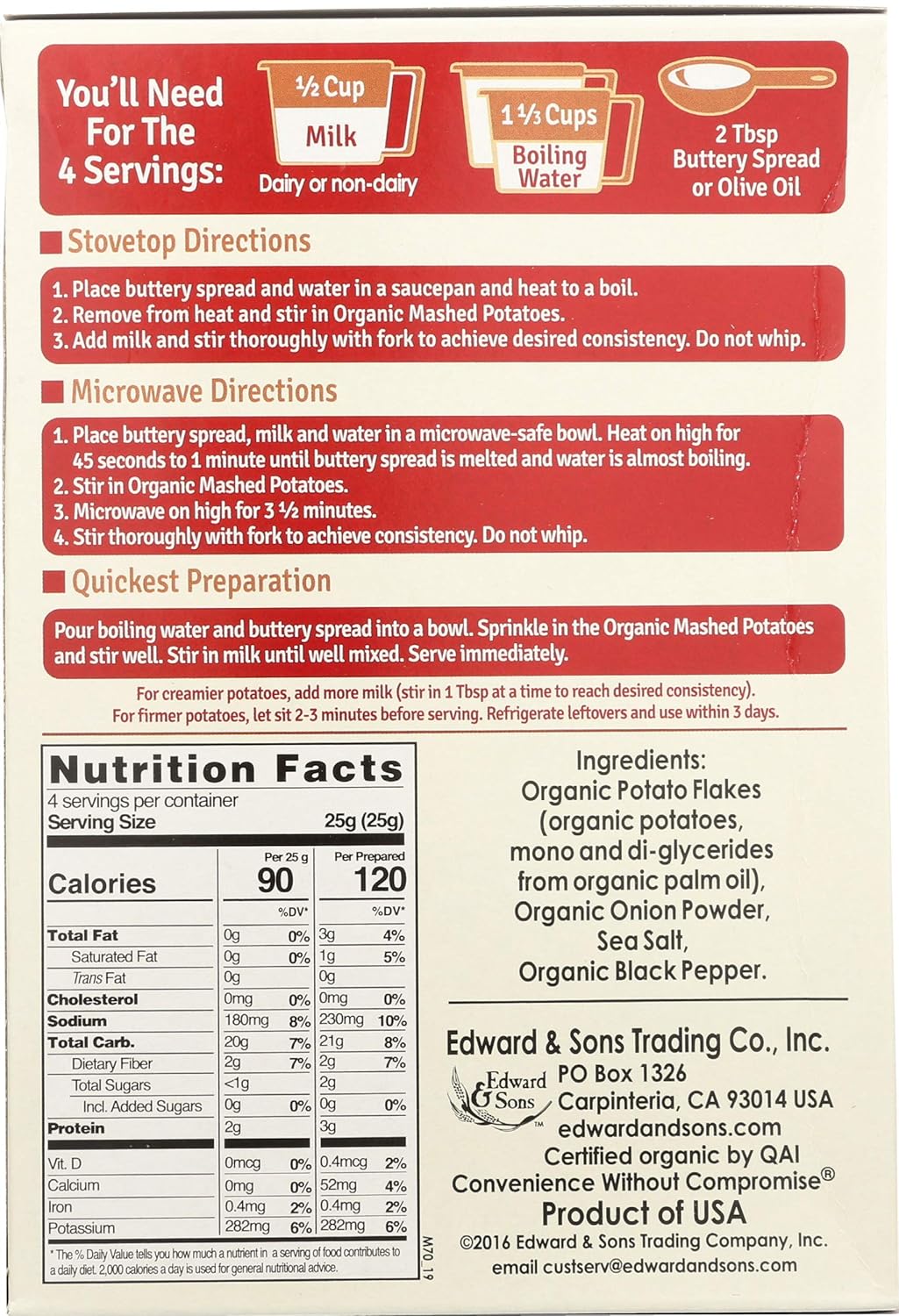 Edward And Sons Organic Homestyle Mashed Potatoes 6 Pack 3.5 Oz Each