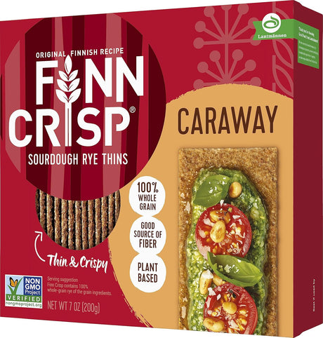 Finn Crisp Caraway sourdough rye thin packaging with red and beige design.