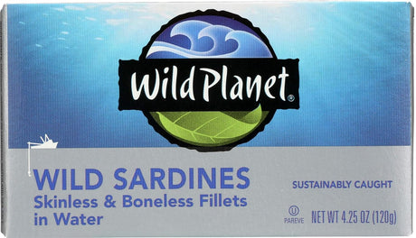 Wild Planet Wild Sardines - Skinless & Boneless Fillets in Water (Case of 12) | 4.25 Oz Cans | High Protein, Omega-3s, Kosher, Sustainably Sourced Seafood