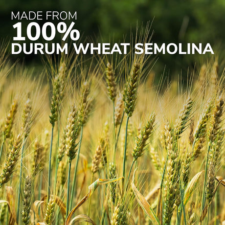 Wheat field with text 'Made from 100% Durum Wheat Semolina'