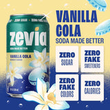 Zevia Vanilla Cola can with floral design on a gradient background