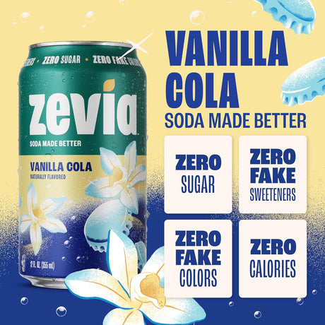 Zevia Vanilla Cola can with floral design on a gradient background