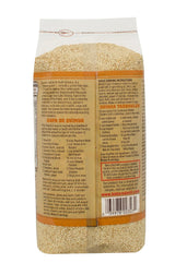 Back view of a package of quinoa with text and branding on a white background