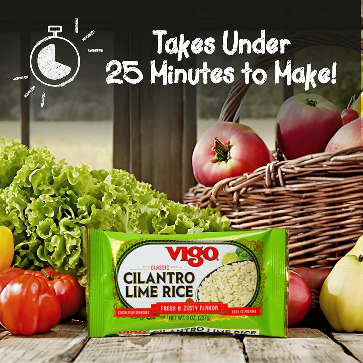 Vigo Cilantro Lime Rice package with fresh vegetables and a basket of apples on a wooden surface.