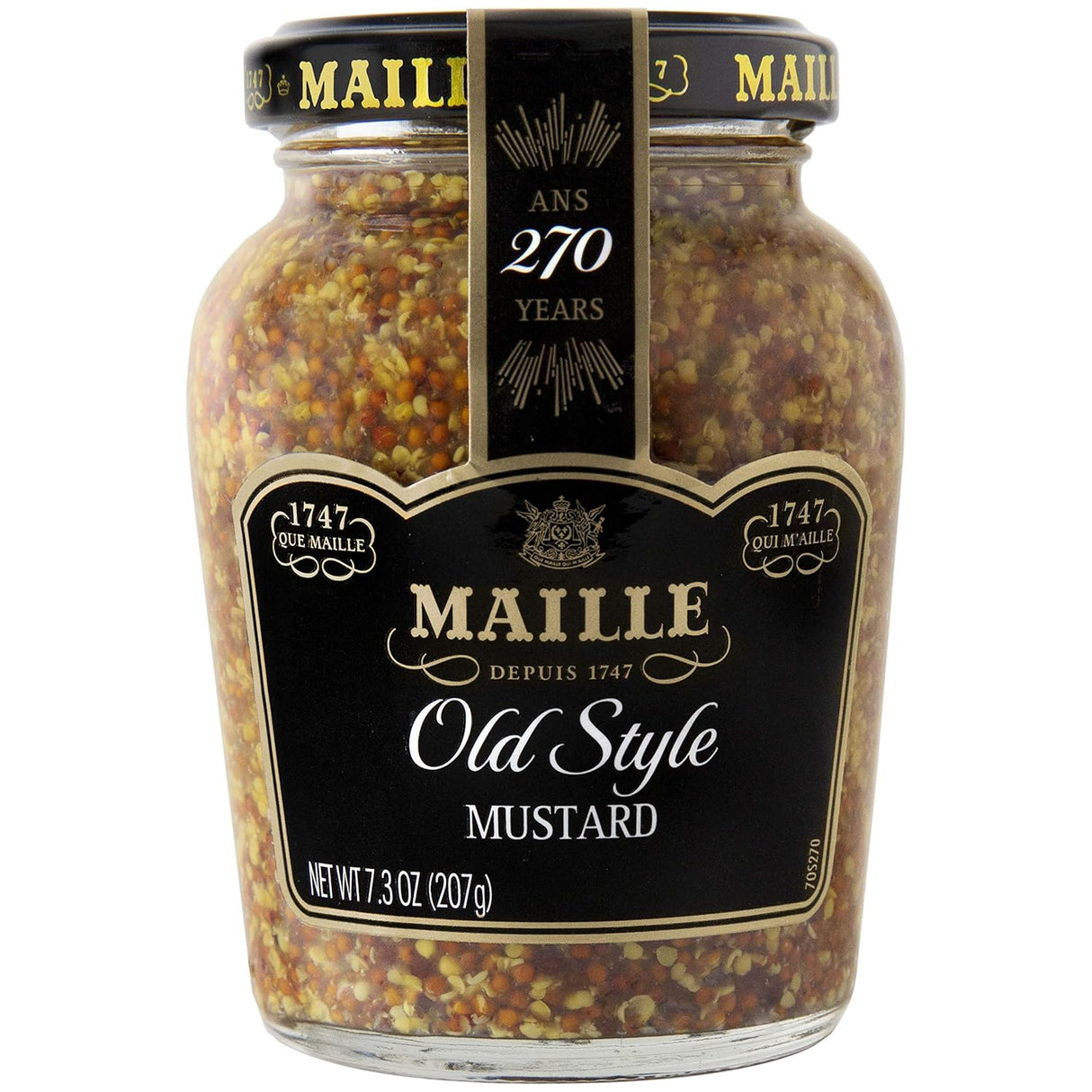 Jar of Maille Old Style Mustard with black label on a white background