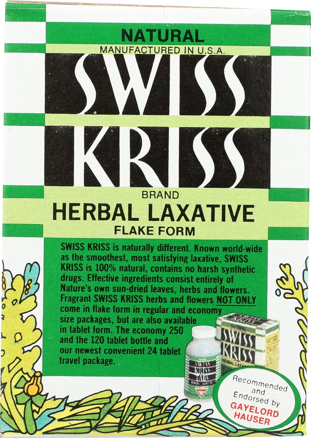 Vintage packaging of Swiss Kriss Herbal Laxative with green and black design.